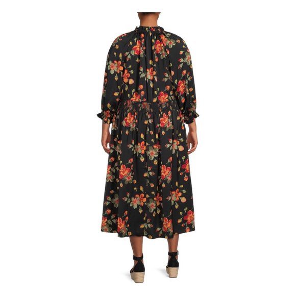 Size 1X (16W-18W) FLORAL PRINT PEASANT MIDI DRESS W/POCKETS All-Season PLUS SIZE - Picture 4 of 8